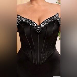 Red Rhinestone V-Neck Corset Bodysuit